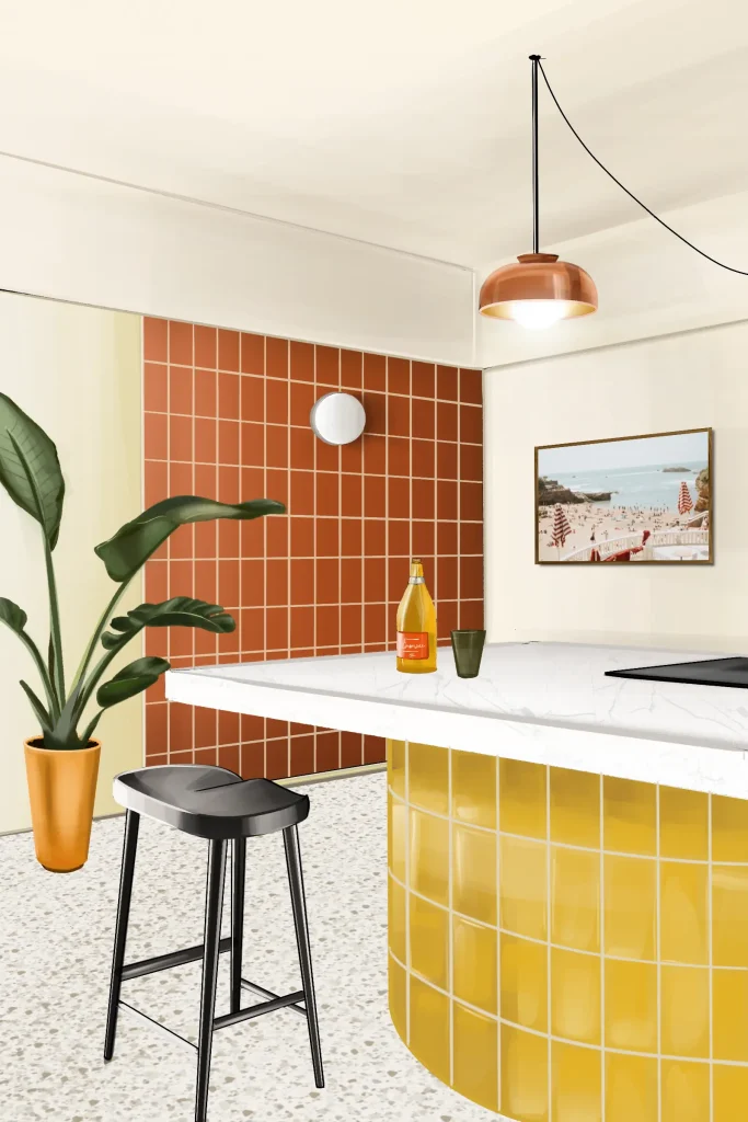 Perspective dessinée de cuisine dans des tons vitaminés, façon projet de maison de vacances