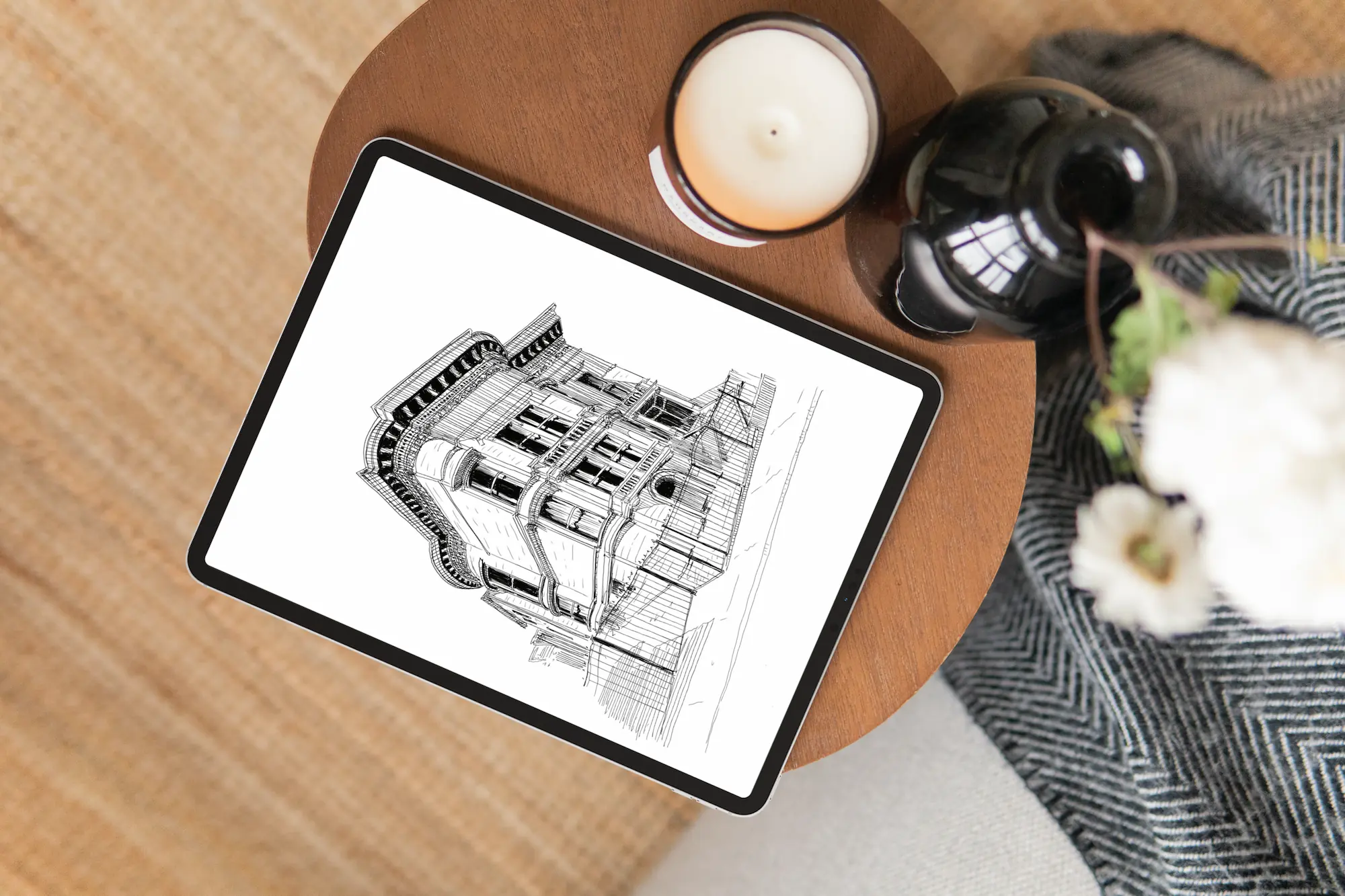 Tablette iPad posée sur une table avec un dessin architectural au trait noir affiché à l’écran