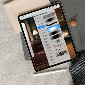 Ipad posé montrant le brushset Procreate de l'Athanor