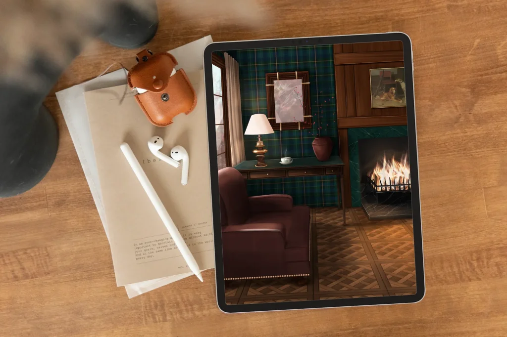 Ipad posé montrant un rendu Procreate de perspective avec un bureau dans le style Ralph lauren