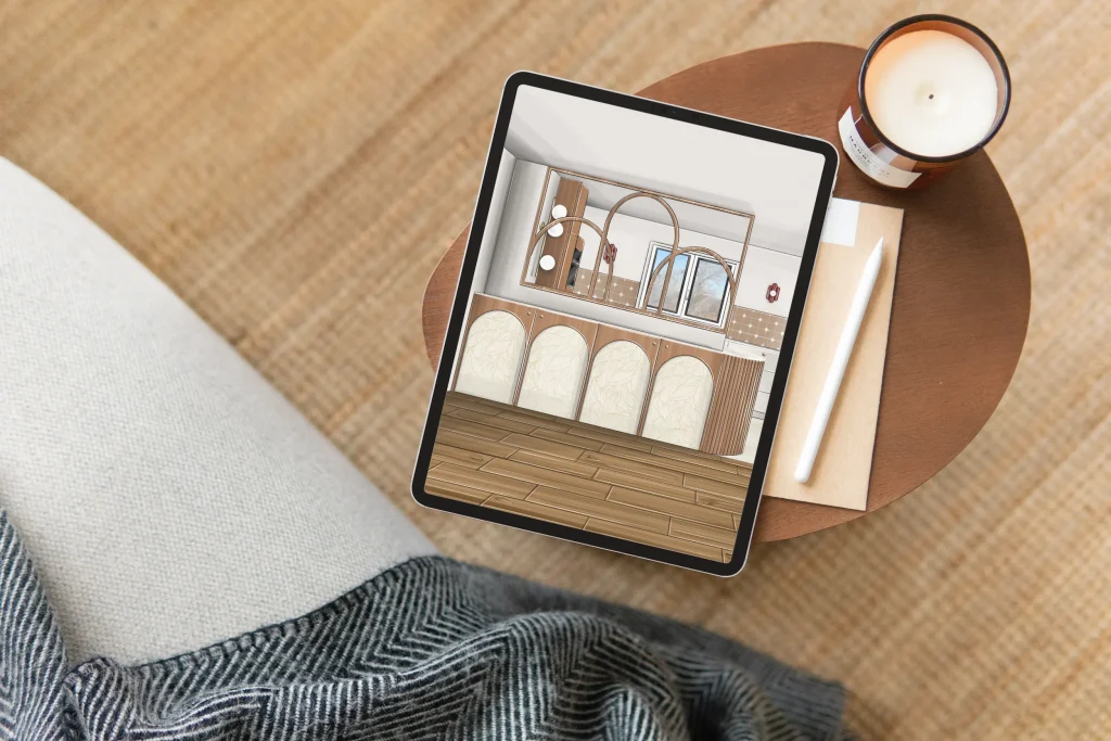 iPad posé montrant une perspective dans des tons clairs